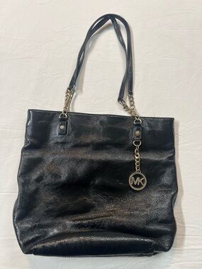 Michael Kors Black Leather Shoulder Bag MK Logo Chain Strap Tote Purse